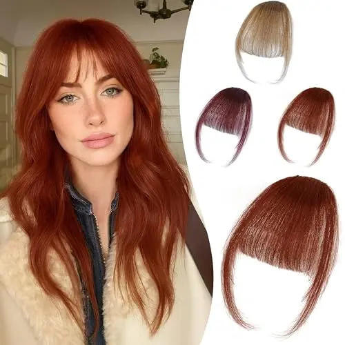 BUPPLER deep auburn thin human hair clip in bangs with roller