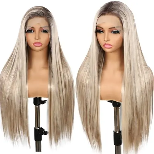 BABEHERS 26-inch highlight blonde straight synthetic lace front glueless wig with dark roots