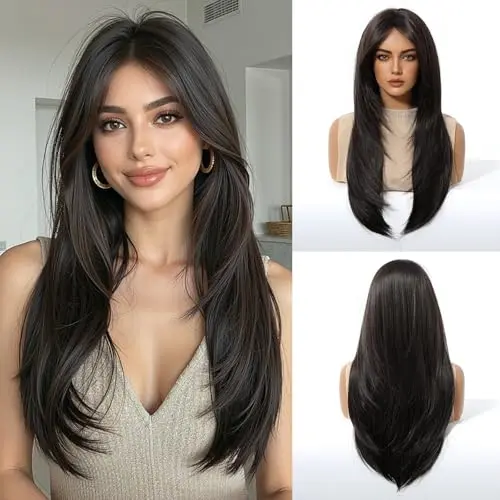 Long brown 24-inch straight synthetic wig with bangs, shown on a mannequin head