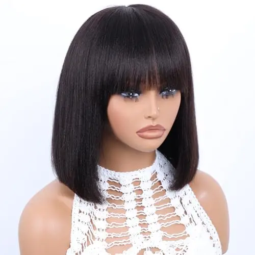 Flady light yaki straight bob wig with bangs in natural black