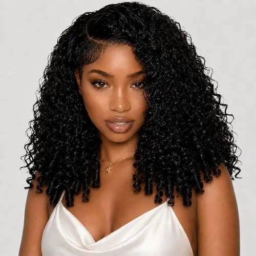 Beluck Burmese Curly Half Wig in natural black, shown as a 3-in-1 glueless half wig with drawstring