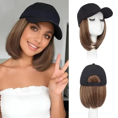 Woman wearing Benehair 6 inch short straight bob ball cap wig with brown mix dark gold hair and black cap