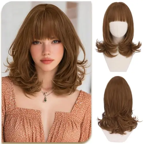 Caramel brown short bob wig with bangs and layered ends
