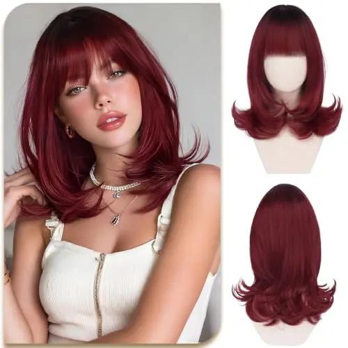 Sofeiyan 15 inch layered straight bob wig in ombre wine red with bangs