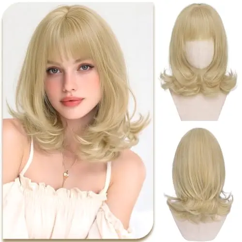 Light blonde layered straight bob wig with bangs by Sofeiyan