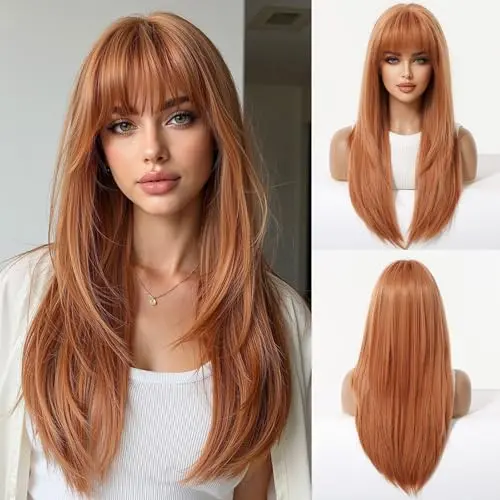 OUFEI 24-inch layered straight burnt orange wig