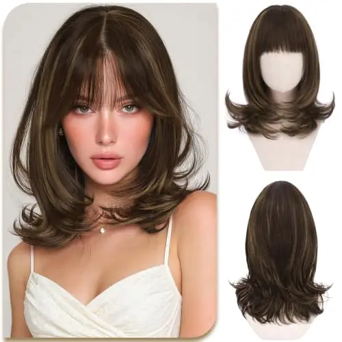 Sofeiyan 15 inch shoulder length layered straight bob chocolate brown wig with bangs