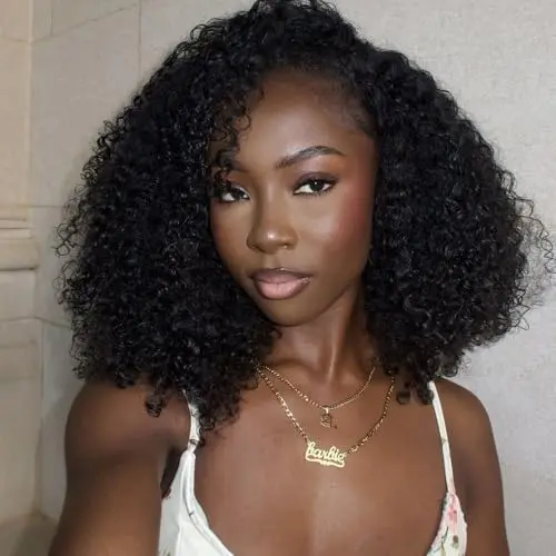 Dowstalgirl 12 inch kinky curly human hair 3-in-1 drawstring half wig in black
