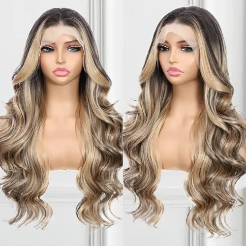 BABEHERS honey brown lace front wig 13x4 body wave synthetic pre-plucked long wavy 26 inch
