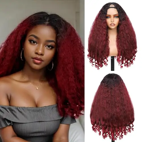 Yacurcur afro curly V-part wig with black roots and burgundy colour