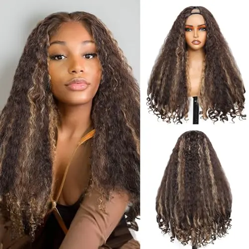 Yacurcur Afro Curly V Part wig in brown blonde highlight