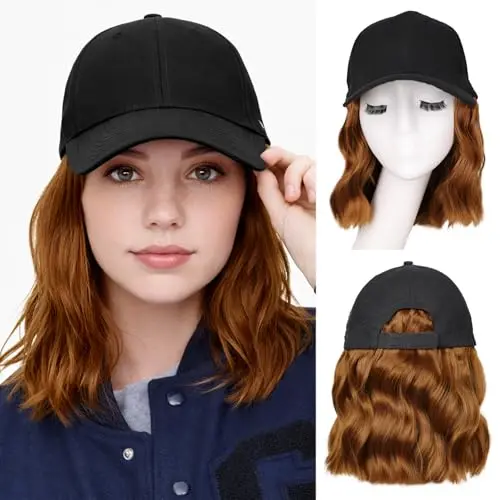 Woman wearing FORCUTEU 14 inch wavy baseball cap wig with brown hair and adjustable cap