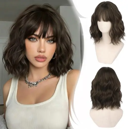 RUWISS brown with highlights wavy bob wig with bangs