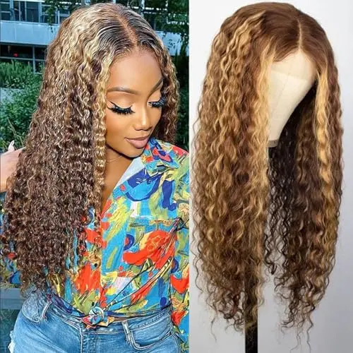 13x4 Highlight Ombre Lace Frontal Human Hair Deep Wave wig in honey blonde on a model