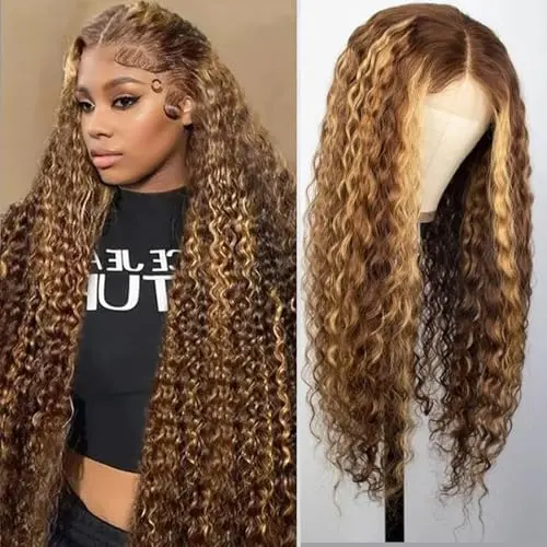 XSY 13x4 highlight ombre deep wave lace front wig in honey blonde with HD transparent lace