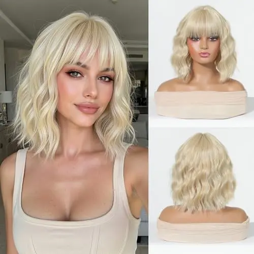 Esmee blonde short wavy bob wig with fringe on a model