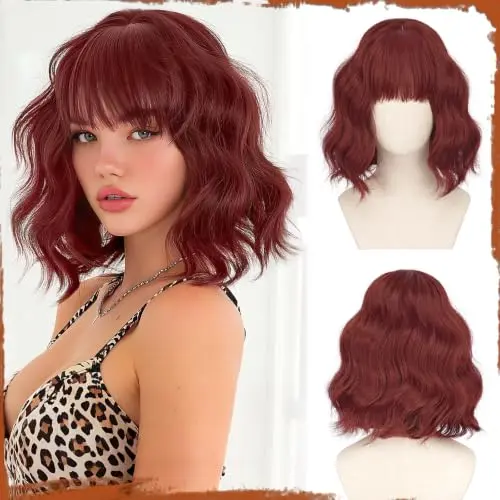 Sofeiyan Short Wavy Copper Red Bob Wig with Bangs