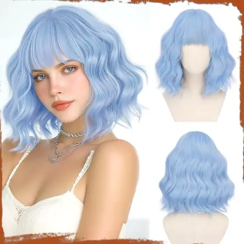 Sofeiyan short wavy baby blue bob wig with bangs