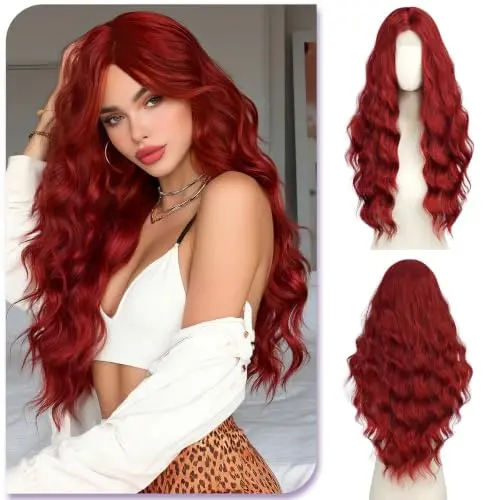 Sofeiyan 28 inch dark red wavy lace front wig with centre part on a mannequin