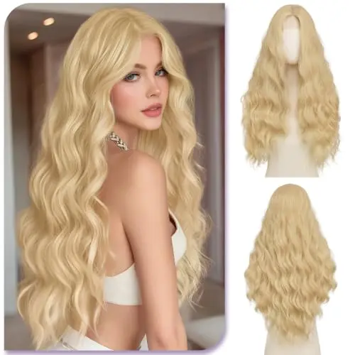 Long wavy highlight blonde lace front wig on model
