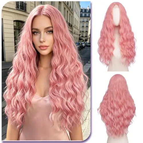 Sofeiyan 28 inch light pink wavy lace front wig