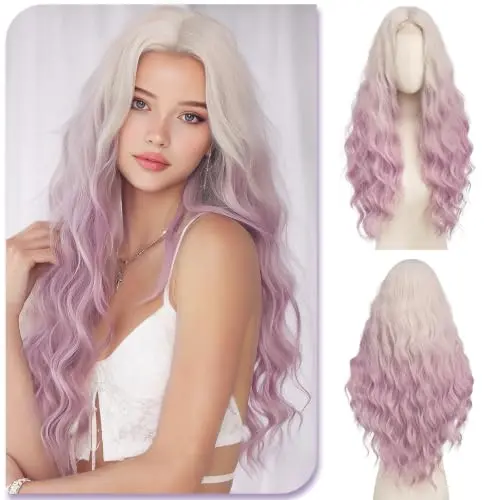 Sofeiyan Long Wavy Silver Blonde Root Purple Gradient Lace Front Wig 28 Inch