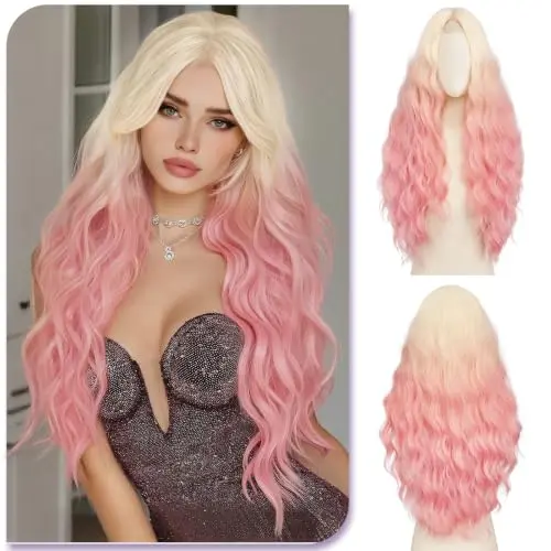 Sofeiyan long wavy blonde root to pink gradient lace front wig