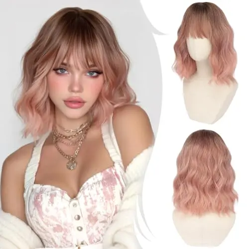 RUWISS pink ombre wavy bob wig with bangs