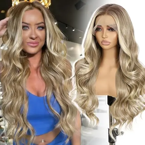 Sapphirewigs 26 inch long body wave lace front wig in ash brown with blonde tips