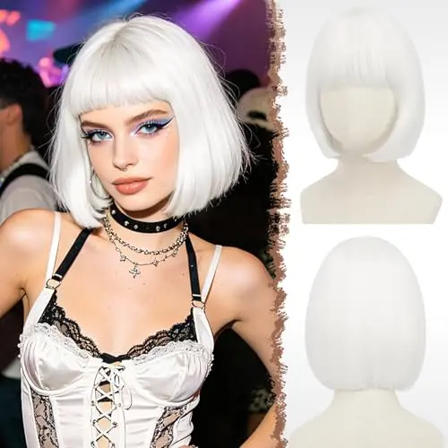 FESHFEN white short bob wig with flat bangs