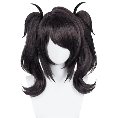 Black short Lolita cosplay wig with ponytail and bangs by Aicos