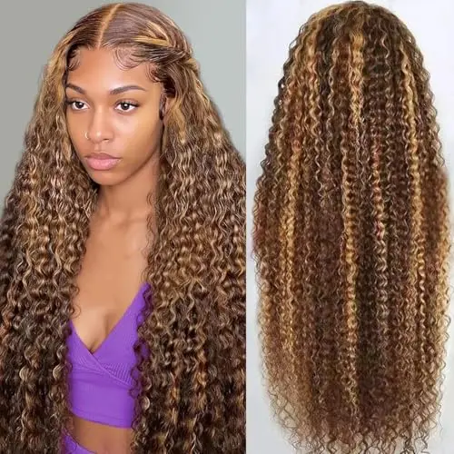 Hertune 13x4 ombre highlight deep curly honey blonde lace front human hair wig 180 density 28 inch