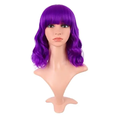 MapofBeauty 14 inch short wavy curly bright flat bangs bob wig in vivid violet