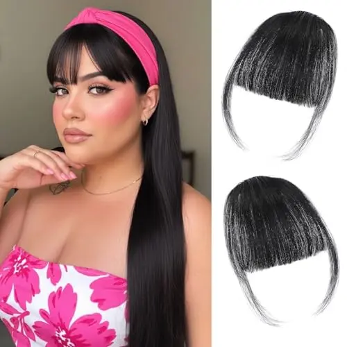 ATNWLYC rich black human hair clip in bangs on a model
