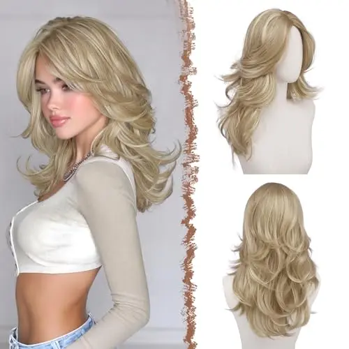 FESHFEN dirty blonde wavy layered synthetic wig with curtain bangs