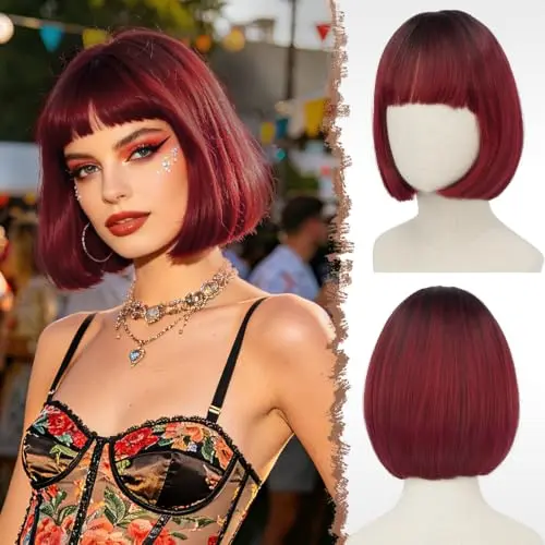 FESHFEN 11-inch ombre red short bob wig with flat bangs