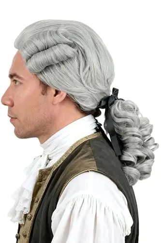 Grey 18th century men's colonial wig with rolled side curls and ponytail