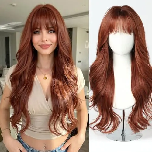 Esmee Long Wavy Auburn Synthetic Wig with Fringe