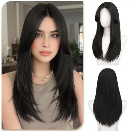 Sofeiyan 22 inch layered straight synthetic wig in dark brown with curtain bangs