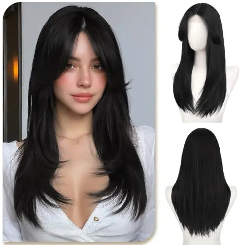 Sofeiyan 22 inch long straight layered black lace front wig
