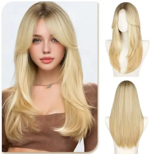Sofeiyan Long Straight Rooted Warm Blonde Lace Front Wig 22 Inch Layered