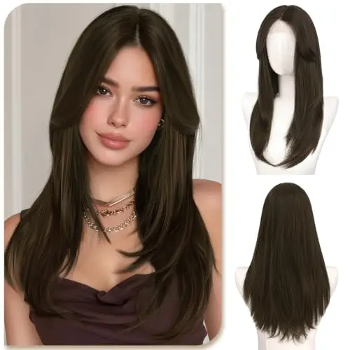 Sofeiyan 22-inch layered synthetic lace front wig with curtain bangs in brown with highlights