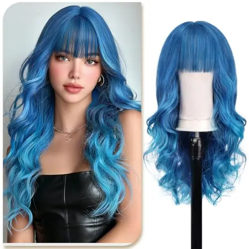 Sofeiyan sapphire blue gradient wavy wig with bangs