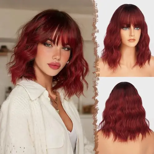 FESHFEN ombre red shoulder length wavy bob wig with bangs 14 inch