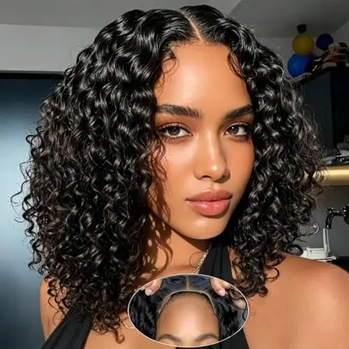 TOMAFUN deep wave glueless 4x4 lace closure bob wig 8 inch