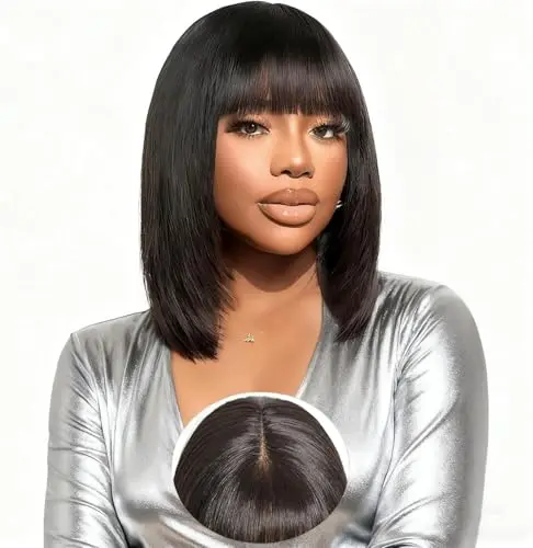 Tunfine black 2x4 lace straight bob wig with bangs