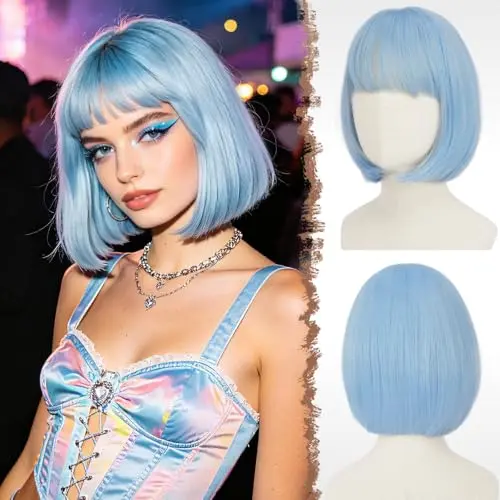 FESHFEN 11 inch light blue flat bangs bob wig