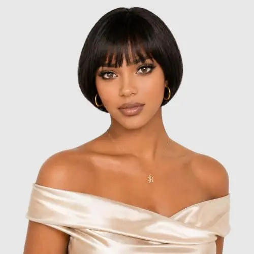 Natural black pixie cut human hair wig with bangs and lace closure