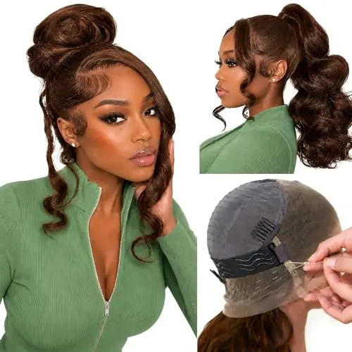 Beluck Body Wave 360 full lace glueless human hair wig #4 brown on model