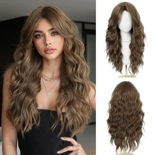 OUFEI long wavy brown synthetic wig with curtain bangs daily